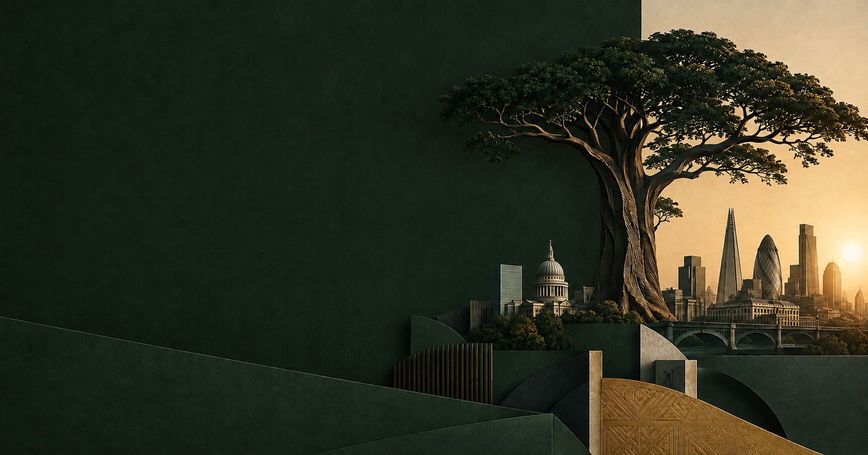 A monumental iroko tree merging with a refined London skyline